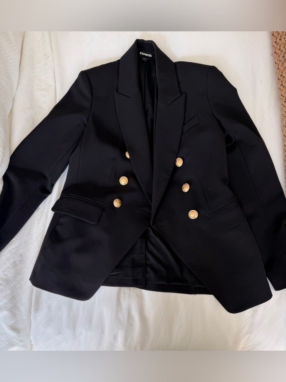 Express Double-Breasted Black Blazer with Gold Buttons